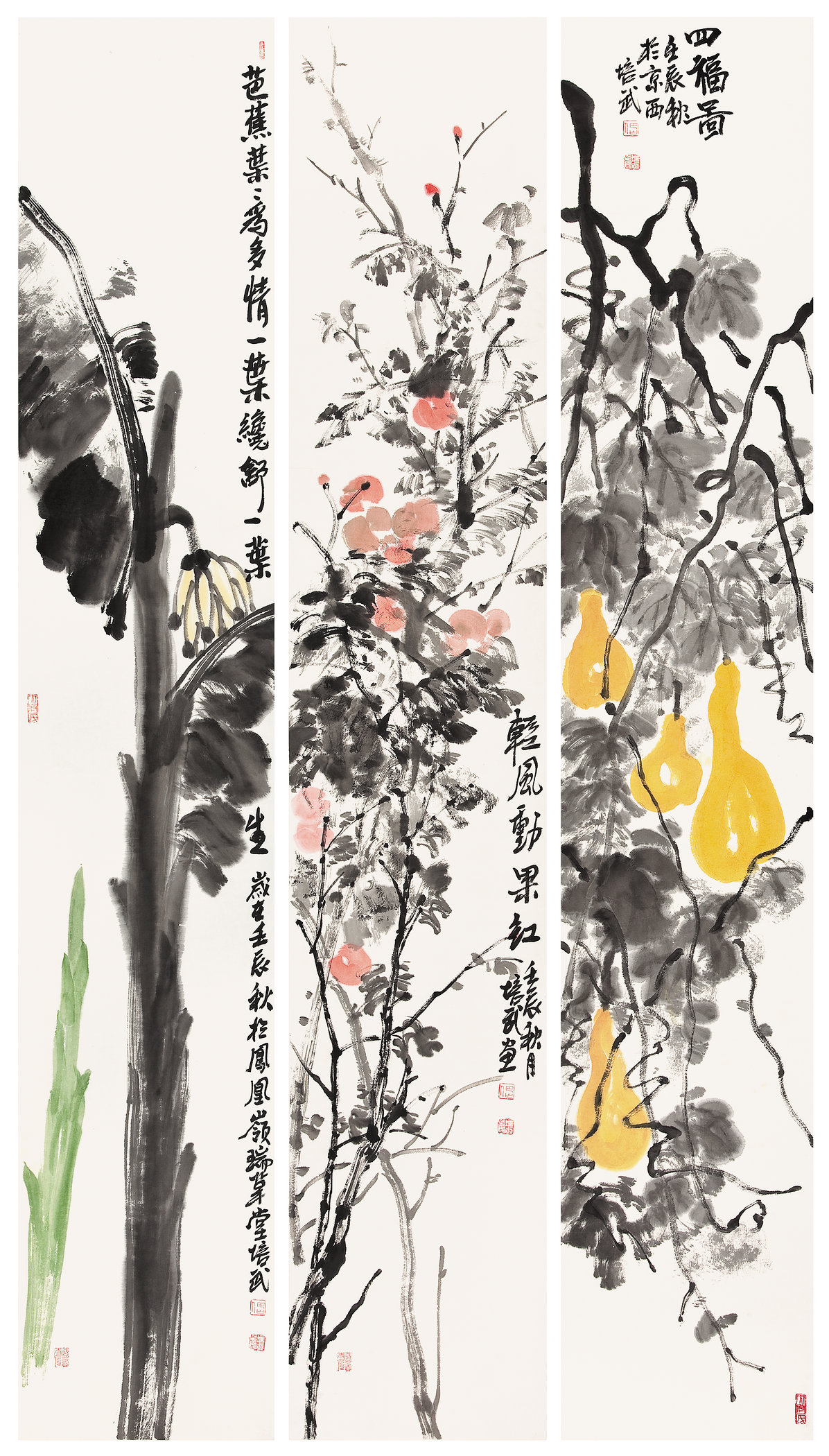 花鸟组合1《咏芭蕉，轻风动果红，四福图》纸本水墨 2012年